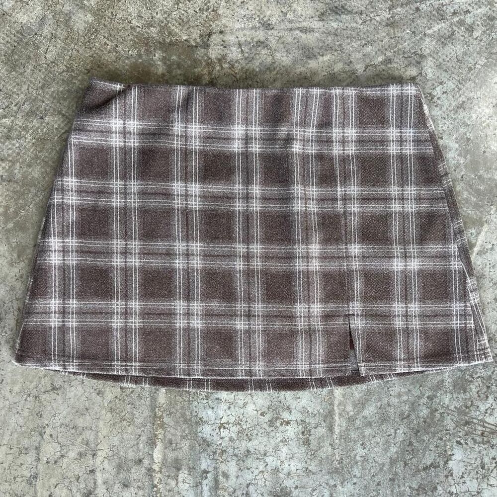 SO Plaid Mini Skort Brown Neutral Tartan Print XL Retro Slit Detail Comfortable